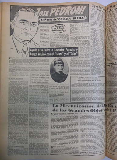 Fotografía de la nota biográfica firmada por F. Díaz Bustamante sobre Pedroni publicada el 11 de marzo de 1953 en Noticias
Gráficas.